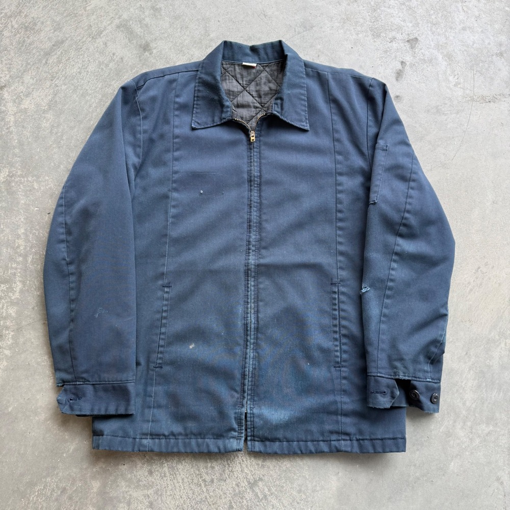 Vintage 70s Navy Blue Work Jacket Quilted Lining Talon Zipper Distressed Medium